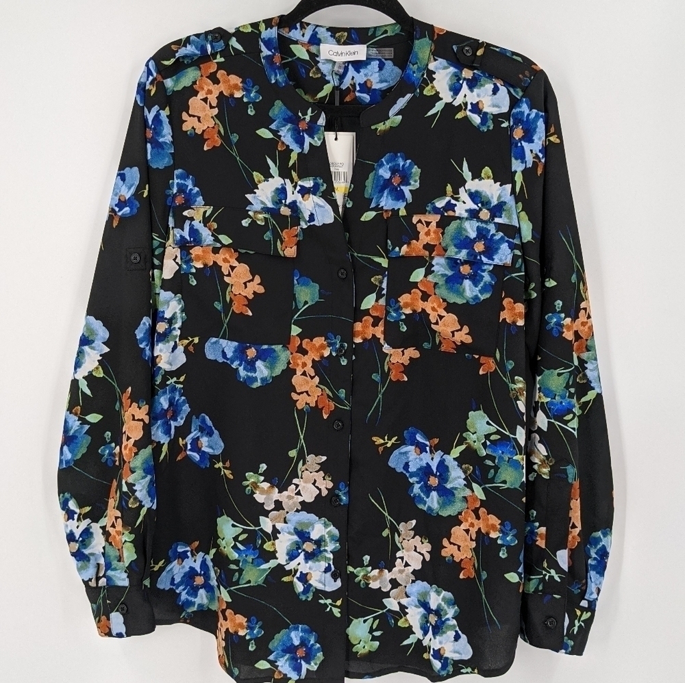 CALVIN KLEIN Floral Roll Sleeve Button Down Shirt